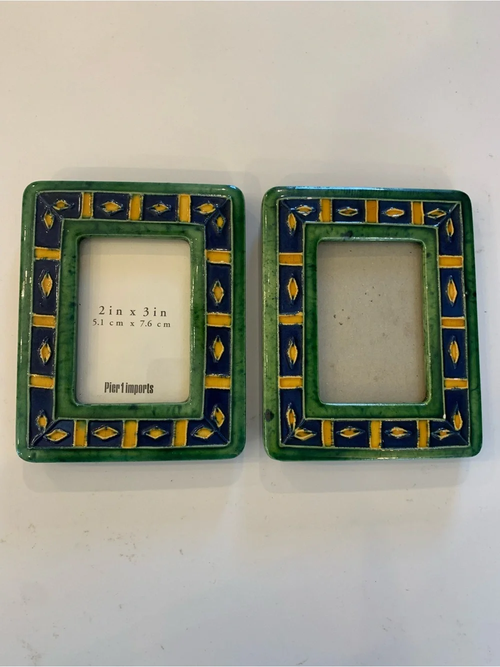 Pier 1 Ceramic Tile Frames 2” x 3” Set Of 2, Green, Blue Diamond Pattern flaw.